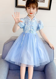 Chinese Style Blue Stand Collar Embroidered Patchwork Chiffon Kids Girls Dress Summer
