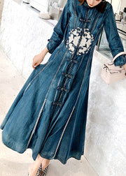 Chinese Style Blue Stand Collar Embroidered Patchwork Denim Dress Fall