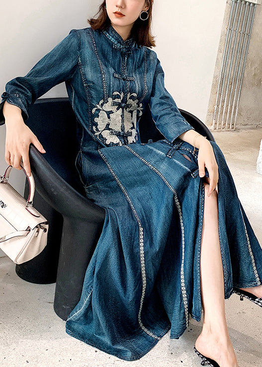 Chinese Style Blue Stand Collar Embroidered Patchwork Denim Dress Fall