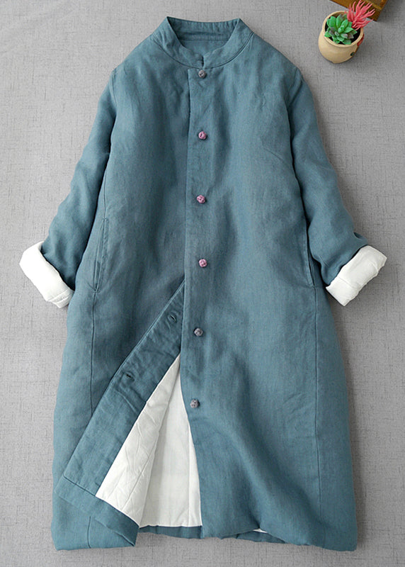 Chinese Style Blue Stand Collar Pockets Fine Cotton Filled Outwear Winter