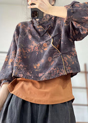Chinese Style Blue Stand Collar Print Linen Top Spring