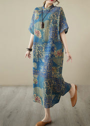 Chinese Style Blue Stand Collar Print Patchwork Linen Dress Summer