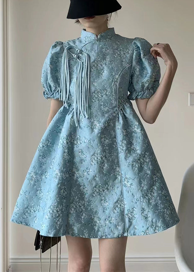Chinese Style Blue Stand Collar Tasseled Jacquard Cotton Mid Dress Summer