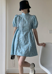 Chinese Style Blue Stand Collar Tasseled Jacquard Cotton Mid Dress Summer