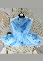 Chinese Style Blue Stand Collar button Tops flare sleeve