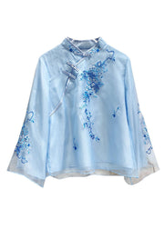 Chinese Style Blue Stand Collar button Tops flare sleeve