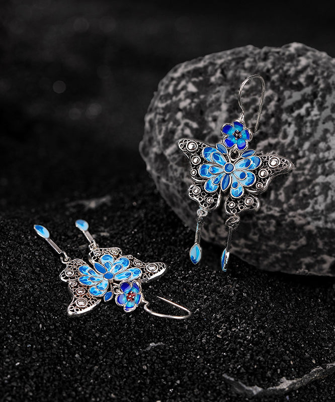 Chinese Style Blue Sterling Silver Cloisonne Butterfly Plum Blossom Tassel Drop Earrings