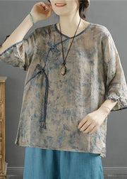 Chinese Style Blue Tasseled Button Patchwork Linen Top Summer