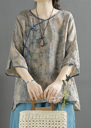 Chinese Style Blue Tasseled Button Patchwork Linen Top Summer
