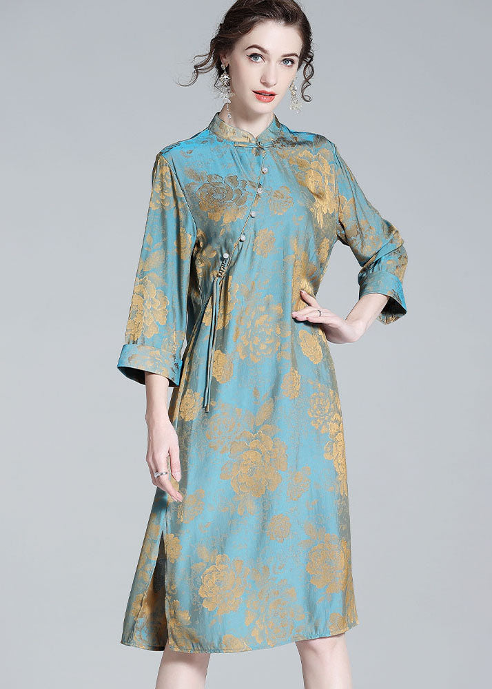 Chinese Style Blue Tasseled Patchwork Jacquard Silk Dresses Spring