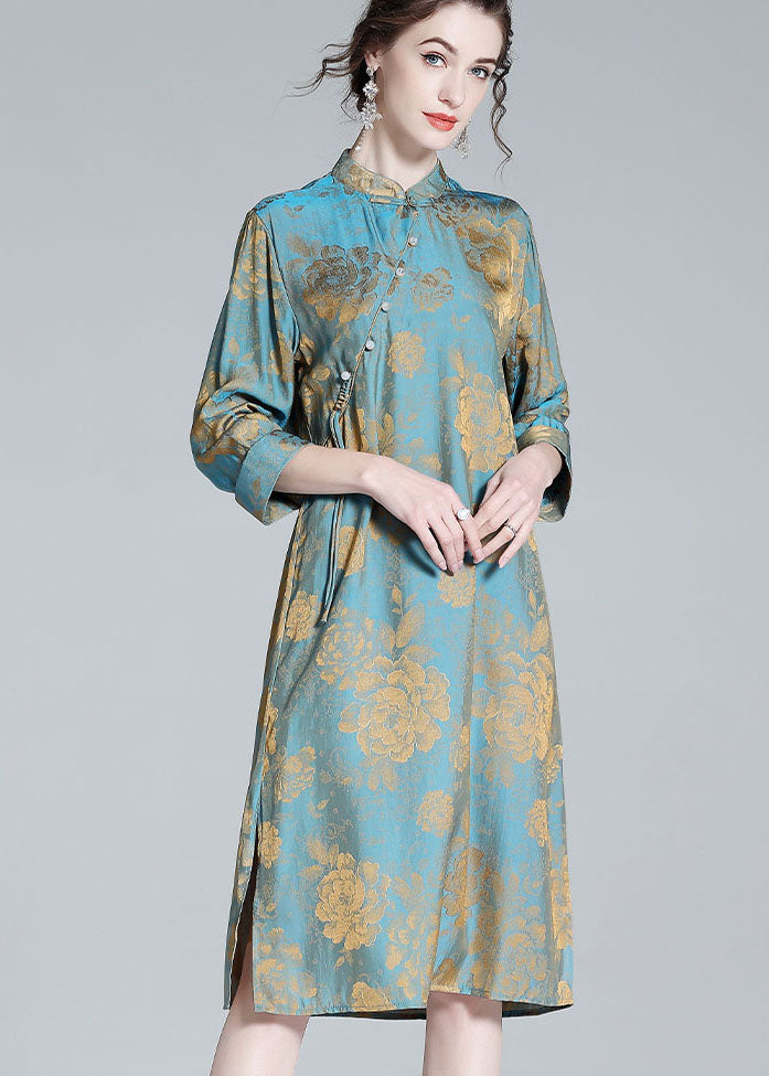 Chinese Style Blue Tasseled Patchwork Jacquard Silk Dresses Spring