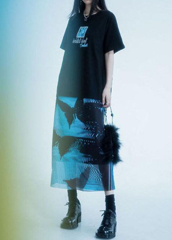 Chinese Style Blue Wrinkled Butterfly Print Tulle Skirt Summer