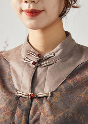 Chinese Style Brown Stand Collar Patchwork Chinese Button Silk Jacket Spring