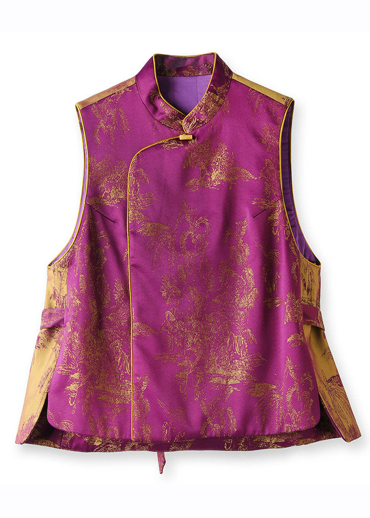 Chinese Style Casual Purple Stand Collar Print Patchwork Tie Waist Warm Silk Cotton Waistcoat Fall