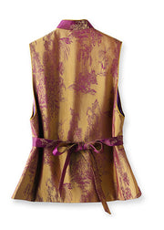 Chinese Style Casual Purple Stand Collar Print Patchwork Tie Waist Warm Silk Cotton Waistcoat Fall
