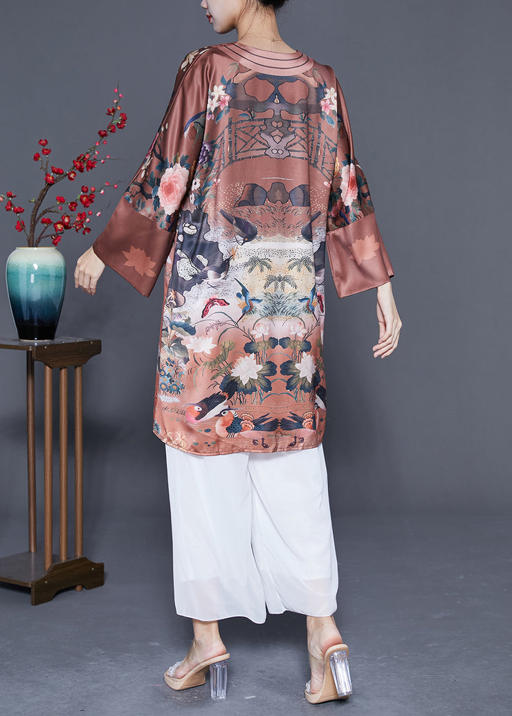 Chinese Style Coffee Chinese Button Print Silk Dress Spring