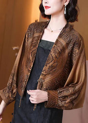 Chinese Style Coffee Tasseled Print Patchwork Silk Coats Batwing Sleeve