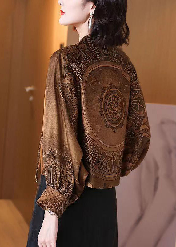 Chinese Style Coffee Tasseled Print Patchwork Silk Coats Batwing Sleeve