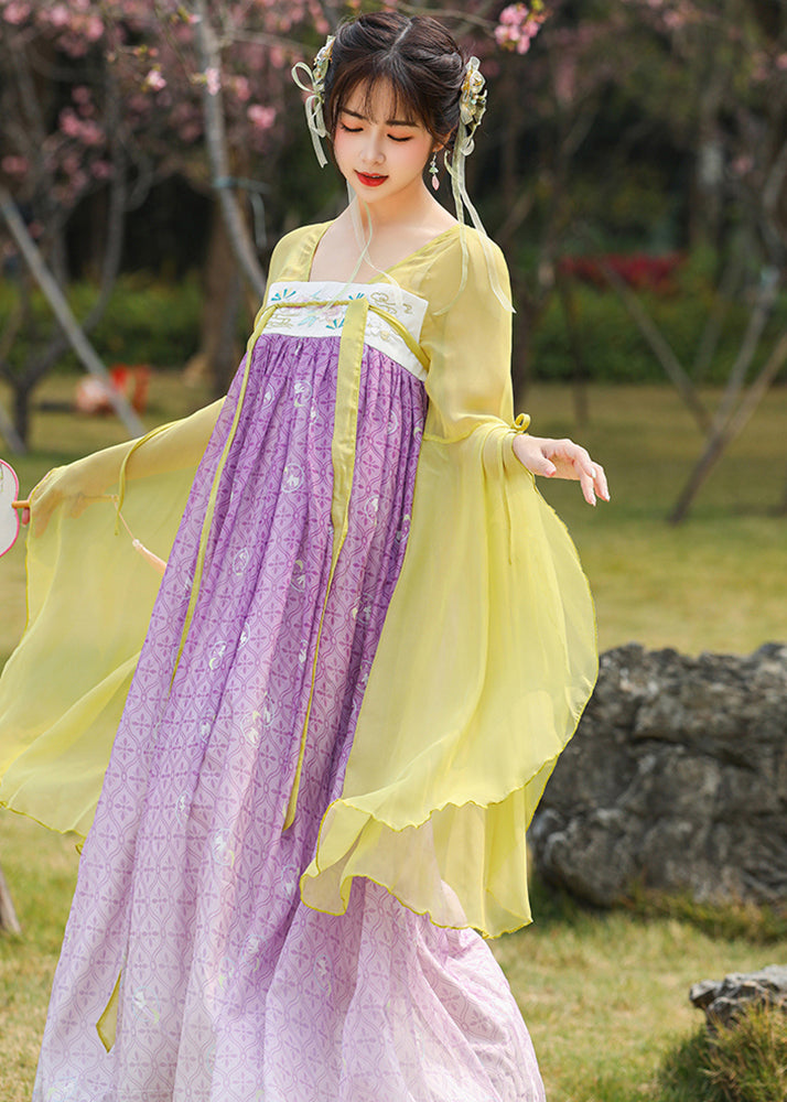 Chinese Style Colorblock Embroidered Lace Up Patchwork Chiffon Long Dresses Summer