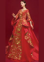 Chinese Style Embroidered Cheongsam Red Tail Evening Dress