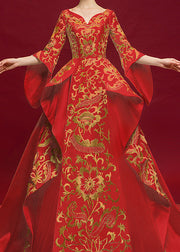 Chinese Style Embroidered Cheongsam Red Tail Evening Dress