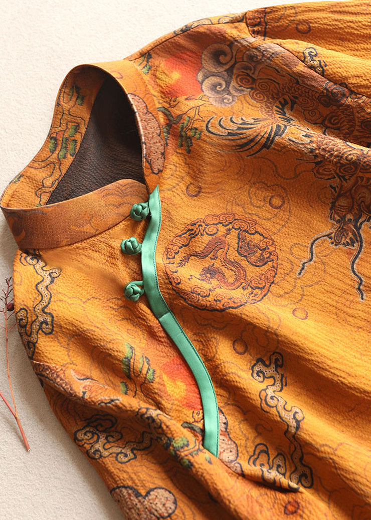 Chinese Style Ginger Stand Collar Button Print Silk tops Spring