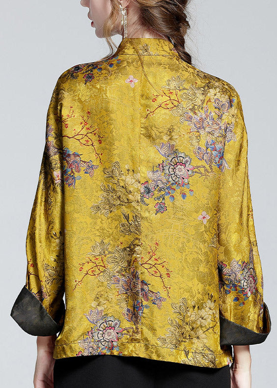 Chinese Style Golden Brown Stand Collar Button Print Silk Coats Long Sleeve