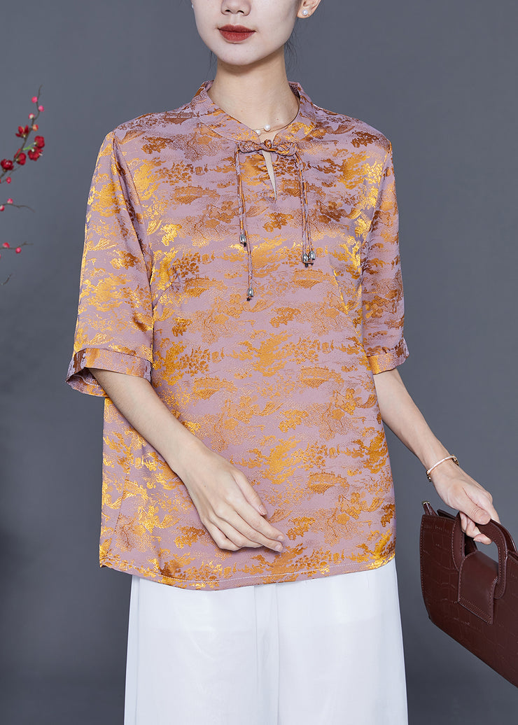 Chinese Style Golden Purple Mandarin Collar Tassel Print Silk Shirts Summer