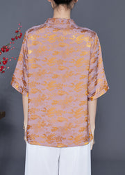Chinese Style Golden Purple Mandarin Collar Tassel Print Silk Shirts Summer