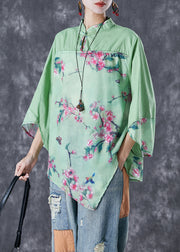 Chinese Style Green Asymmetrical Patchwork Print Linen Blouse Tops Fall