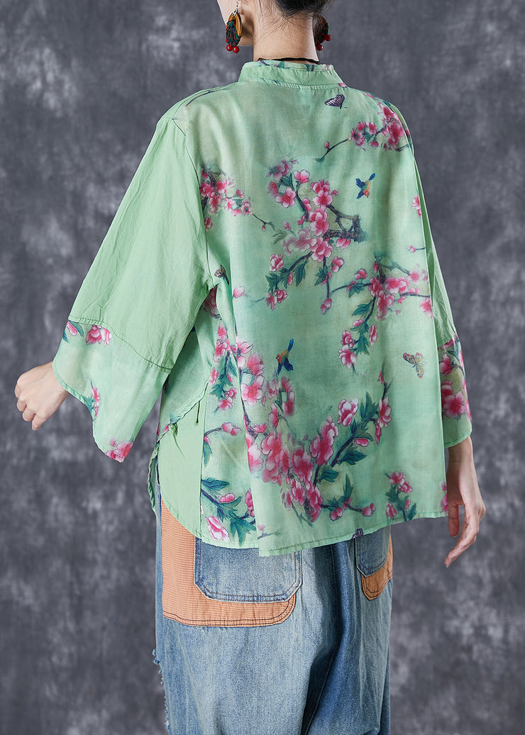 Chinese Style Green Asymmetrical Patchwork Print Linen Blouse Tops Fall