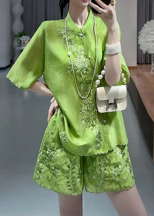 Chinese Style Green Button Embroideried Silk Cotton Two Pieces Set Sleeve