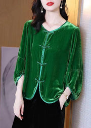 Chinese Style Green Button Patchwork Velour Tops Lantern Sleeve