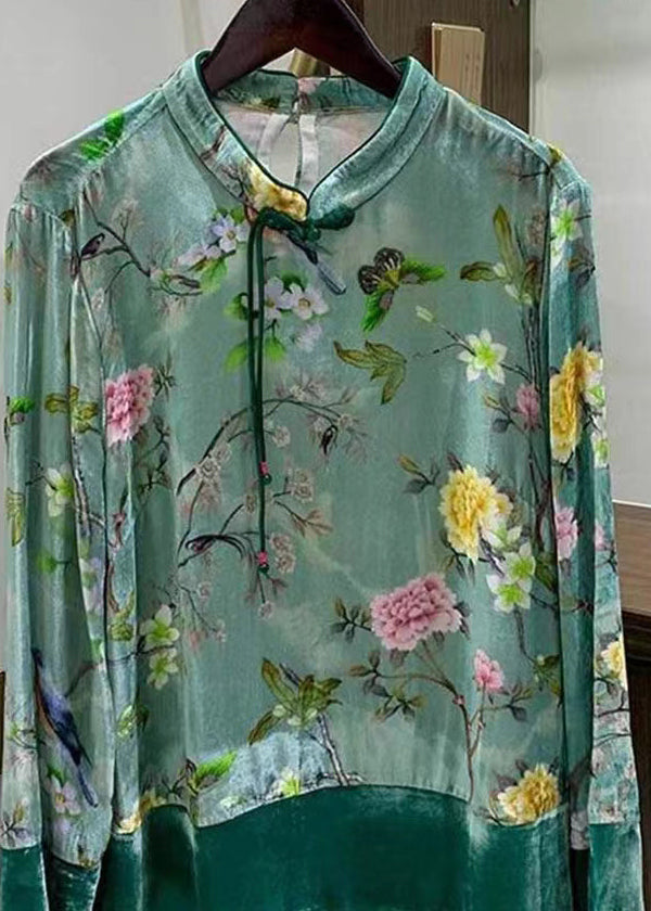 Chinese Style Green Button Print Patchwork Silk Velour Shirts Fall