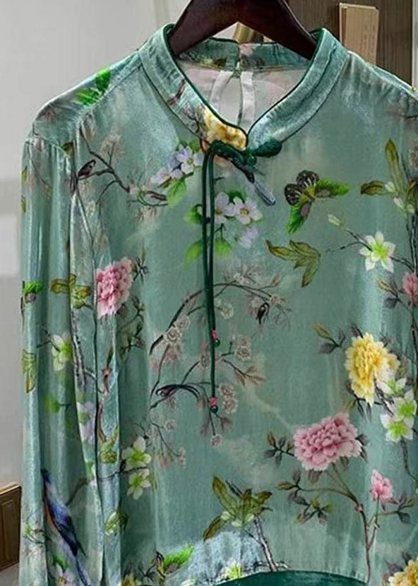 Chinese Style Green Button Print Patchwork Silk Velour Shirts Fall