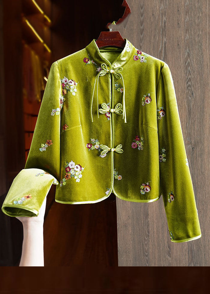 Chinese Style Green Embroidered Button Silk Velour Coats Long Sleeve