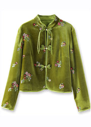 Chinese Style Green Embroidered Button Silk Velour Coats Long Sleeve