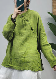 Chinesischer Stil grün besticktes Leinenhemd mit langen Ärmeln
