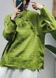 Chinese Style Green Embroidered Linen Shirt Top Long Sleeve