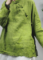 Chinesischer Stil grün besticktes Leinenhemd mit langen Ärmeln