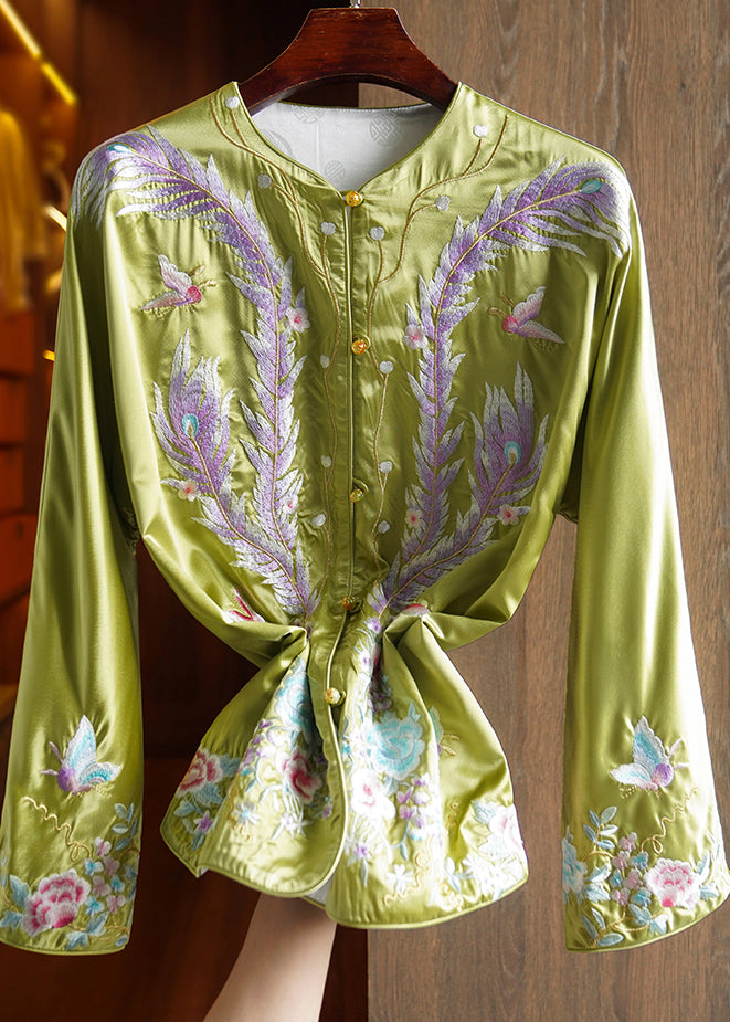 Chinese Style Green Embroidered Patchwork Silk Coat Fall