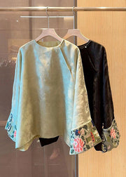 Chinese Style Green Embroidered Patchwork Silk Shirts Fall