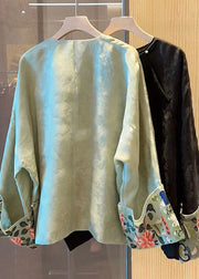Chinese Style Green Embroidered Patchwork Silk Shirts Fall