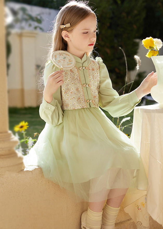 Chinese Style Green Embroidered Ruffled Tulle Patchwork Girls Mid Dress Fall