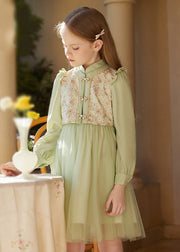 Chinese Style Green Embroidered Ruffled Tulle Patchwork Girls Mid Dress Fall