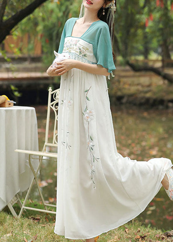Chinese Style Green Embroidered Tasseled Patchwork Chiffon Long Dresses Summer