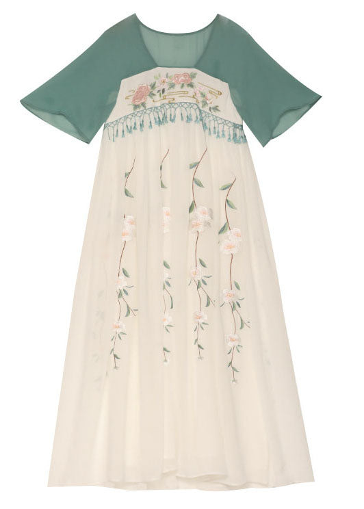 Chinese Style Green Embroidered Tasseled Patchwork Chiffon Long Dresses Summer