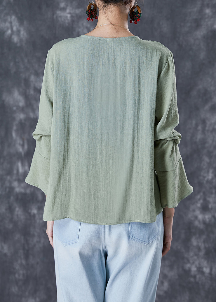 Chinese Style Green Grey Tasseled Linen Shirt Top Flare Sleeve