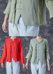 Chinese Style Green Grey Tasseled Linen Shirt Top Flare Sleeve