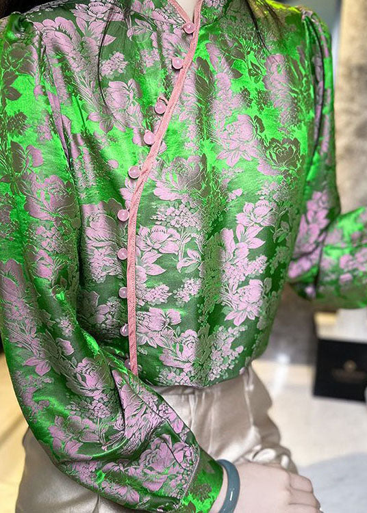 Chinese Style Green Jacquard Oriental Button Patchwork Silk Shirts Spring